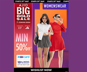 AJIO Big Bold Sale banner showing min 60% off on Men's Ethnicwear and an SBI card offer.